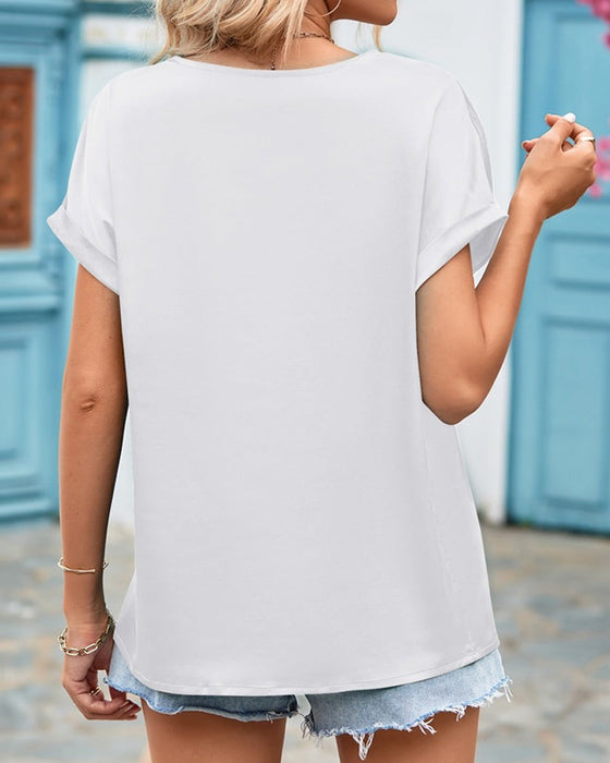 Solid color lace v-neck short-sleeved blouse