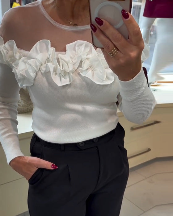Mesh Spliced Ruffled Long-Sleeved Top