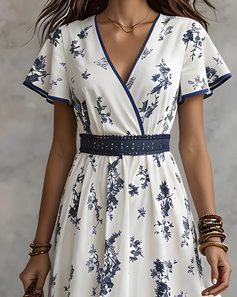 Flutter Sleeve V-Neck Cross Waist Dress