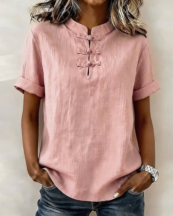 Frog Button Mandarin Collar Short-Sleeve Blouses