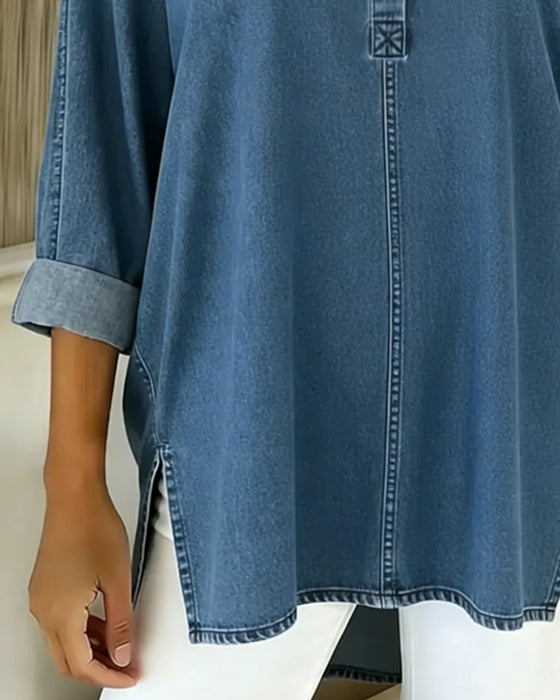 Button-Down V-Neck Denim Top