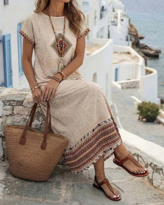 Round Neck Overlap Print Dress