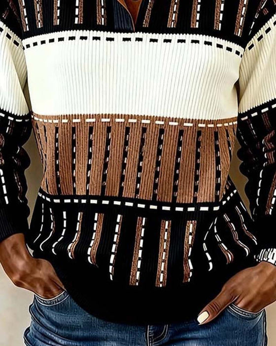 Button Colorblock Striped Pitted Sweatshirt