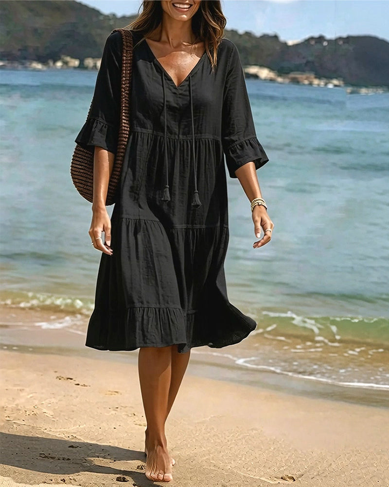 Flared Half Sleeve Tie Waist Dress