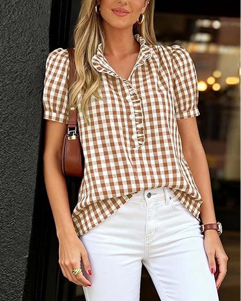 Plaid Puff Short-Sleeved Blouse