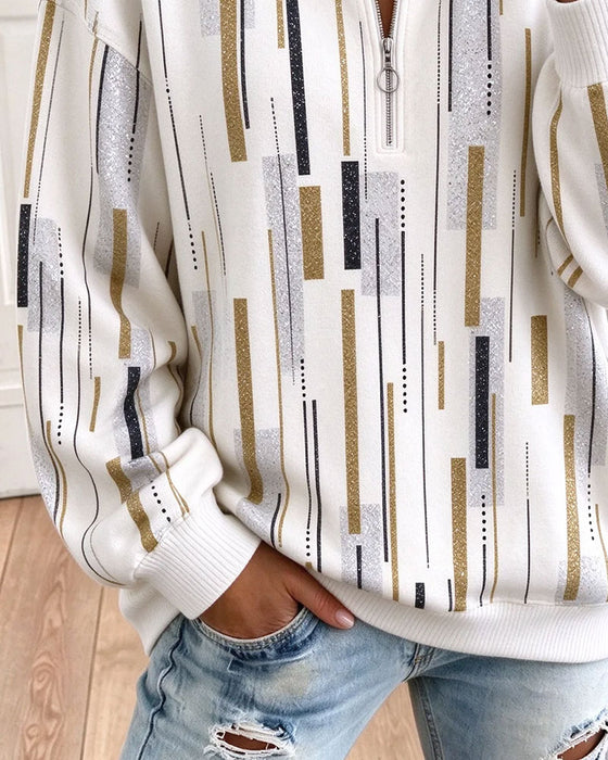 Half Zip Striped Loose Sweatshirt