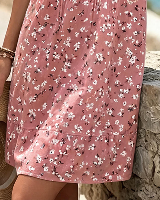 Round Neck Sleeveless Floral Pleated Dress