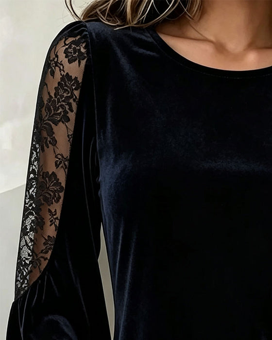 Round Neck Puff Sleeve Lace Patchwork Top