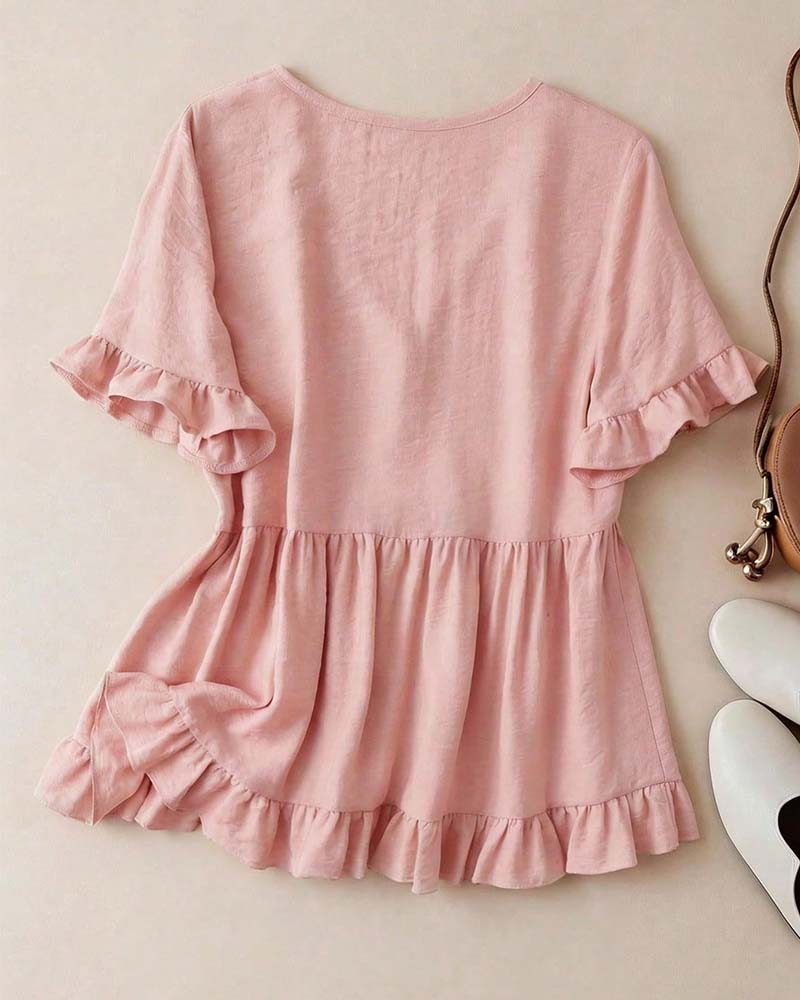 V-Neck Ruffle Pearl Button Blouse