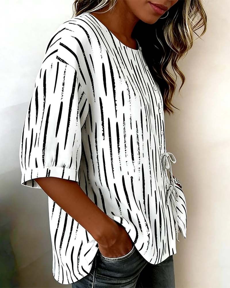 Striped Button Three-Quarter Sleeve Top