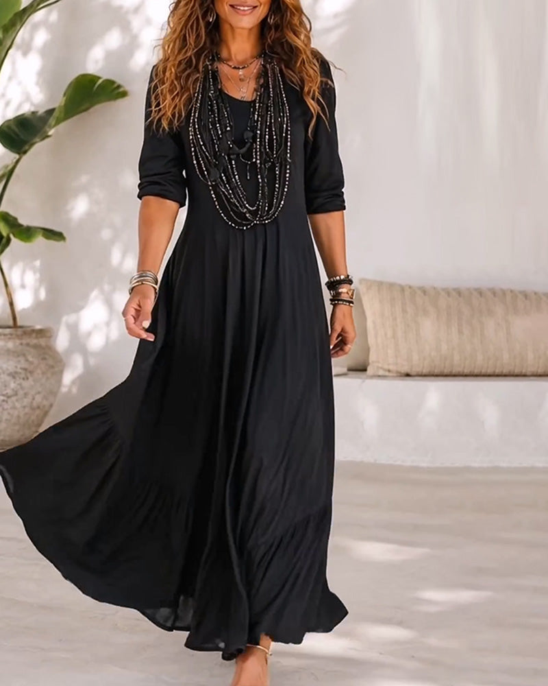 Solid Color V-Neck Waist A-Line Dress