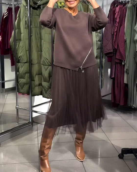 Zippered Stylish Crew Neck Sweater Set