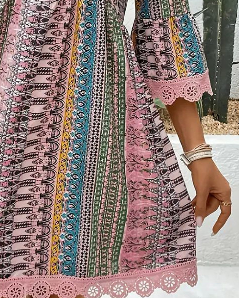 V-Neck Lace Three-Quarter Sleeve Dress