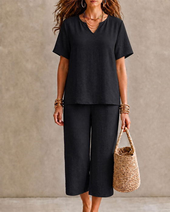 Short Sleeve Top and Cropped Pants Set