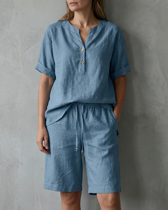 Henley Neck Short Sleeve And Drawstring Five-Point Wide Leg Pants Two-Piece Set