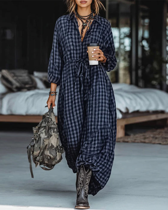 Fashionable Plaid Lapel Tie Dress
