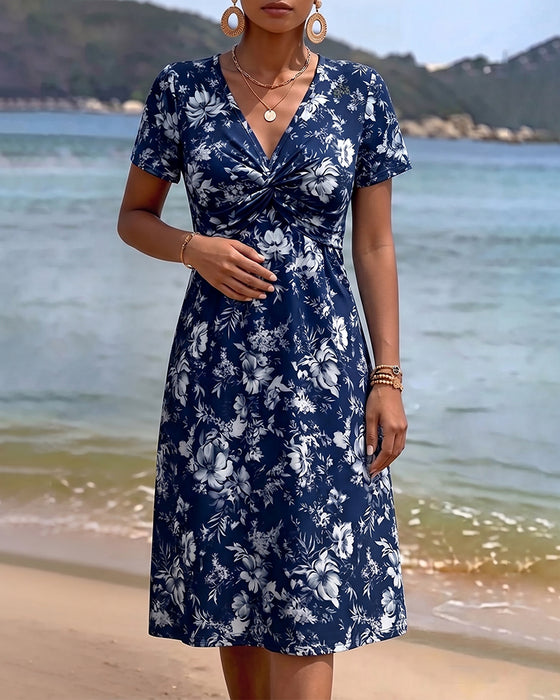 Floral V-Neck Twist Knot Dress