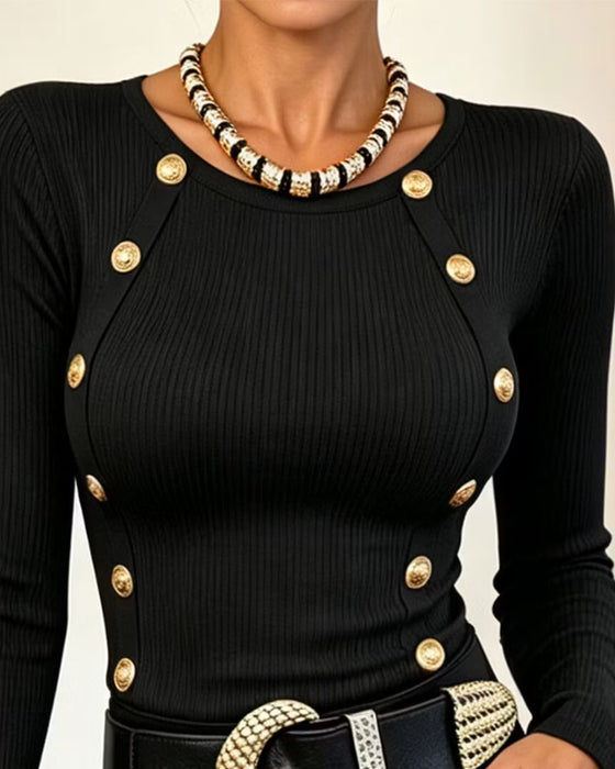 Button Slim-Fit Long Sleeve Top