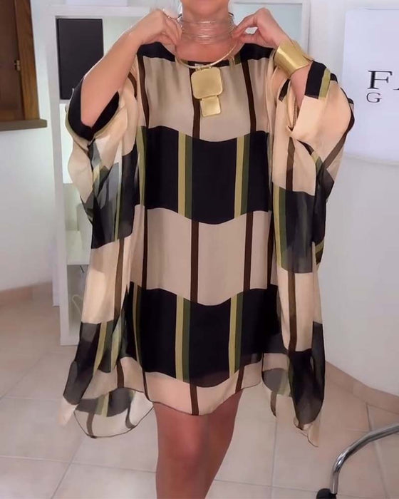 Colorblock Plaid Sheer Loose Short Dresses