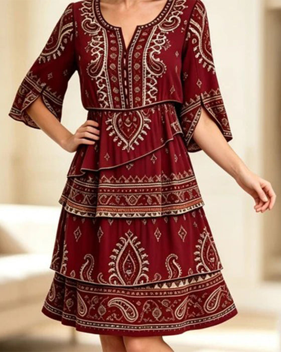 Printed Crew Neck Short-Sleeve Dress