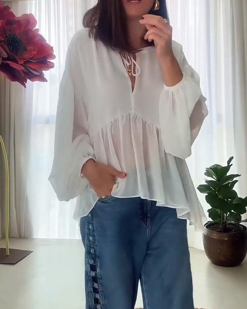 Drawstring V-Neck Puff-Sleeve Blouse