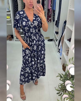 V-Neck Loose Printed Long Dress