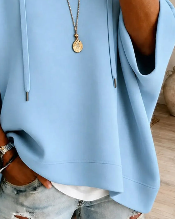 Three-Quarter Sleeve Drawstring Hooded Sweatshirt