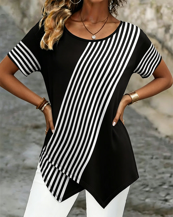 Diagonal Stripe Patchwork Crew Neck T-Shirt