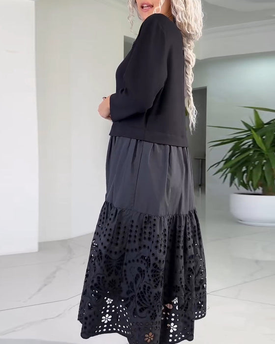 Hollow-Out Panelled Fashion Round Neck Dress