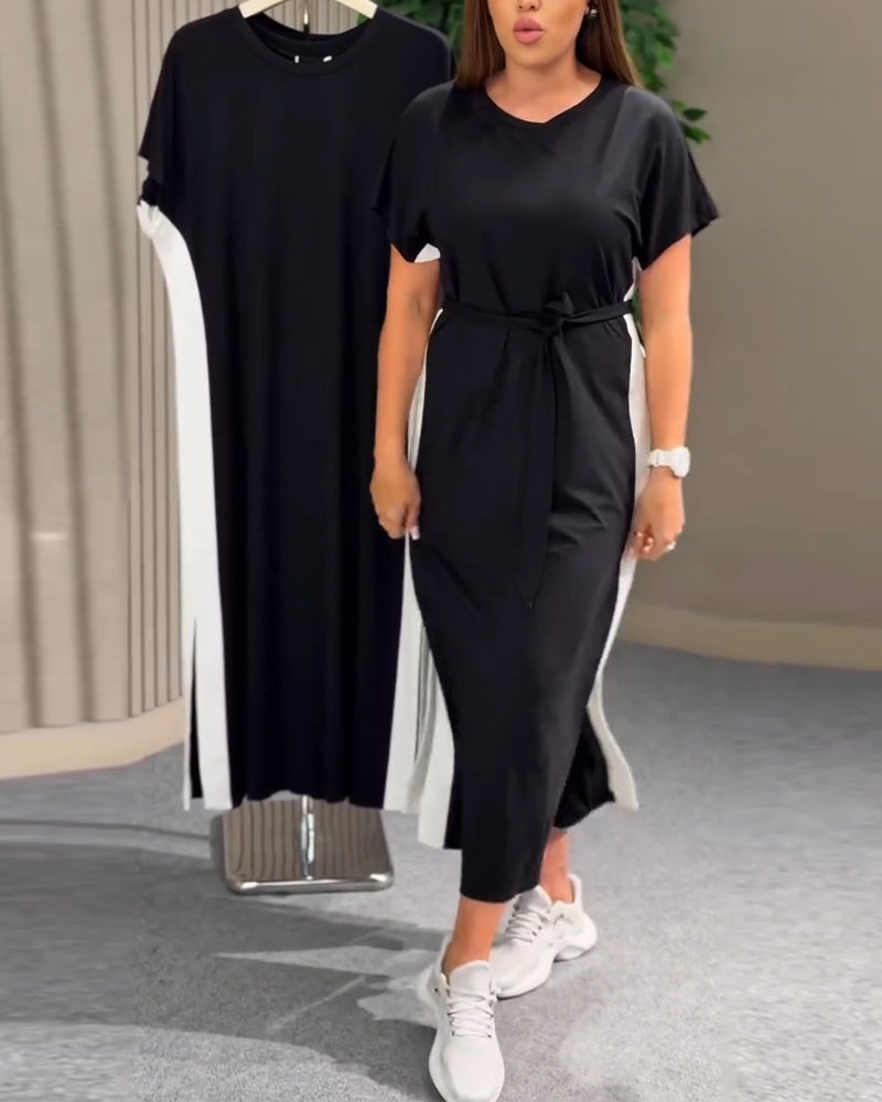 Round Neck Patchwork Short Sleeve Dress