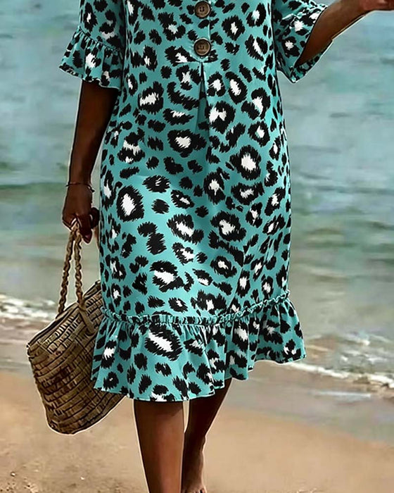 Leopard Print V-Neck Ruffled Dress