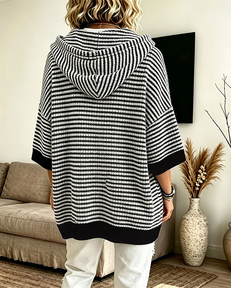 Striped Hooded Batwing Sleeve Pullover