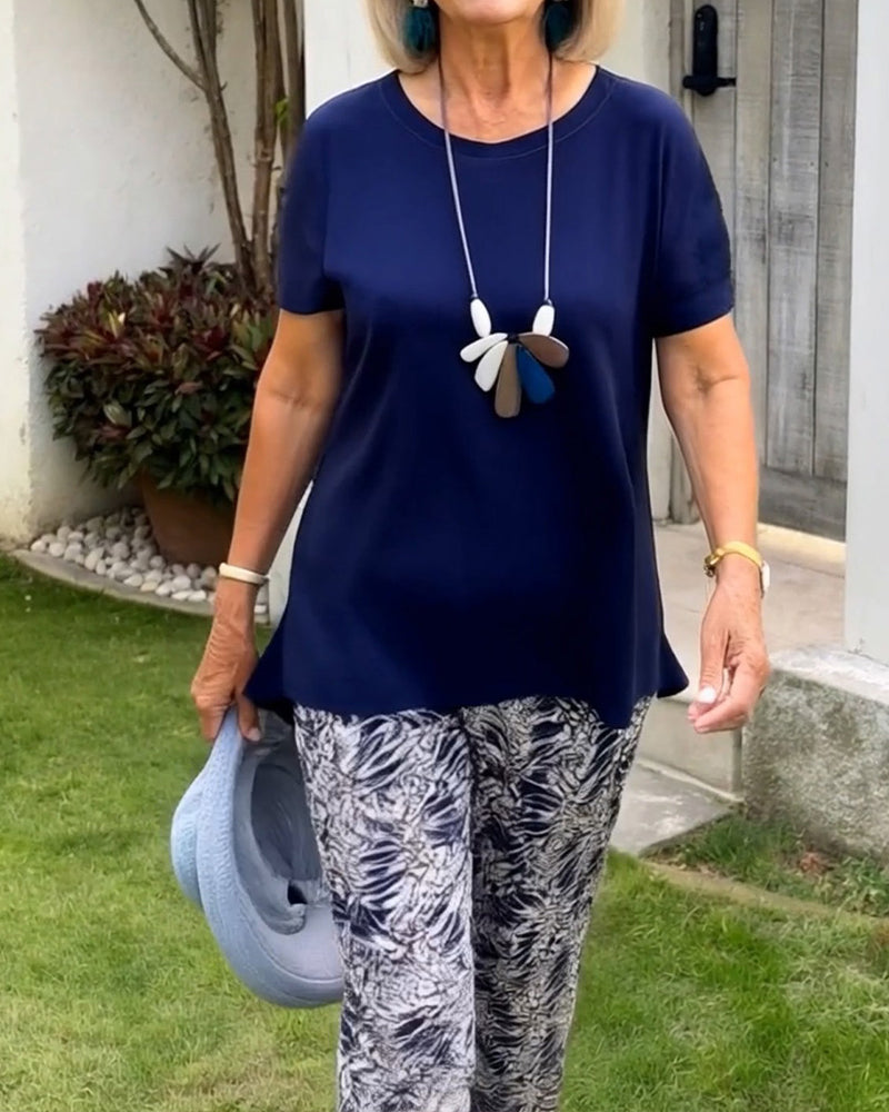 Solid Color Print Casual Set