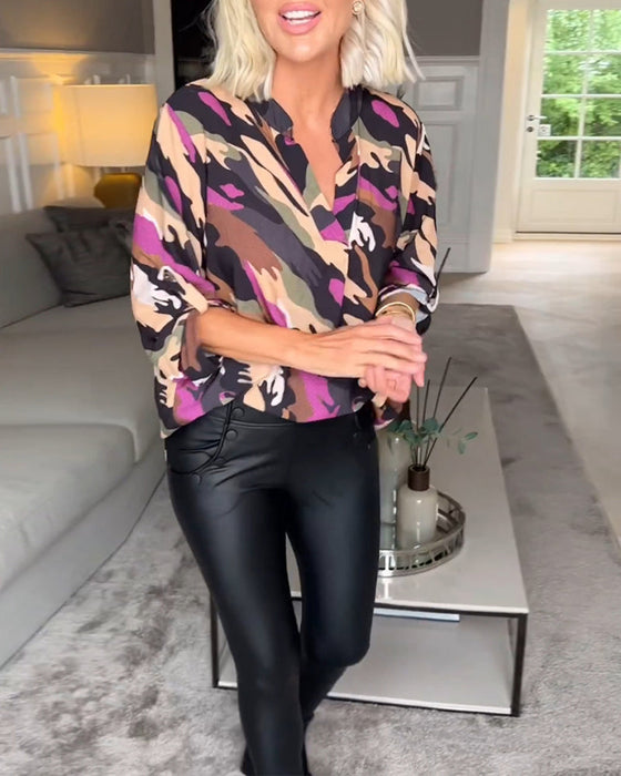 V-neck tie-dye patterned blouse