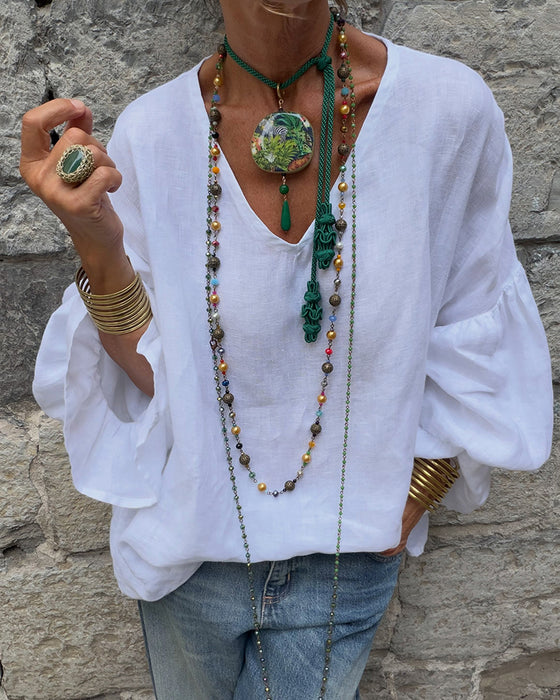 V-Neck Ruffle Relaxed Solid Color Blouse