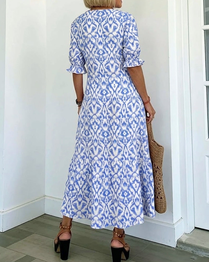 V-Neck Mid-Length Sleeve Ruffle A-Line Dress