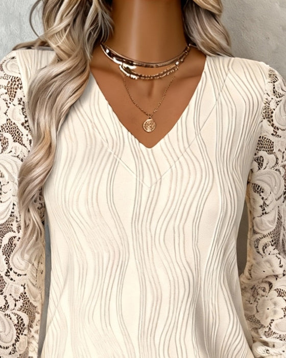 Lantern Sleeve V-Neck Spliced Top