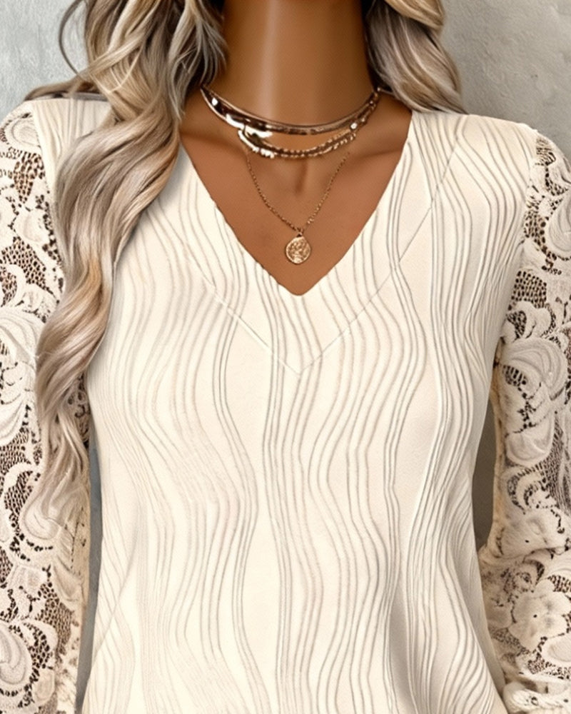 Lantern Sleeve V-Neck Spliced Top