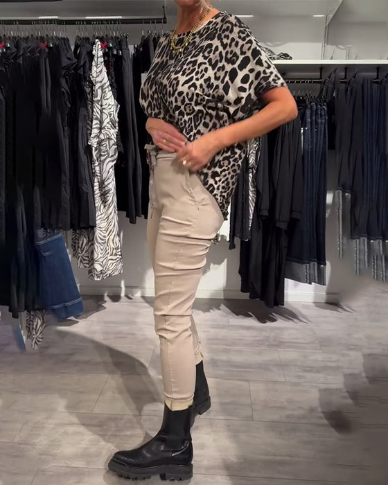 Round Neck Leopard Print Short-Sleeved Blouse