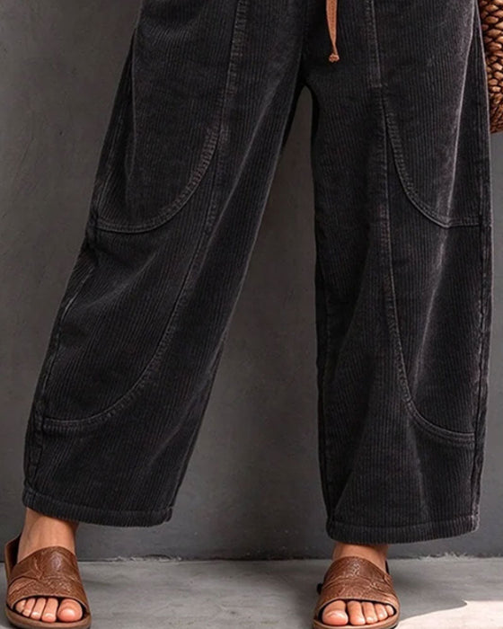 Elastic Waist Color-Block Cropped Wide-Leg Pants