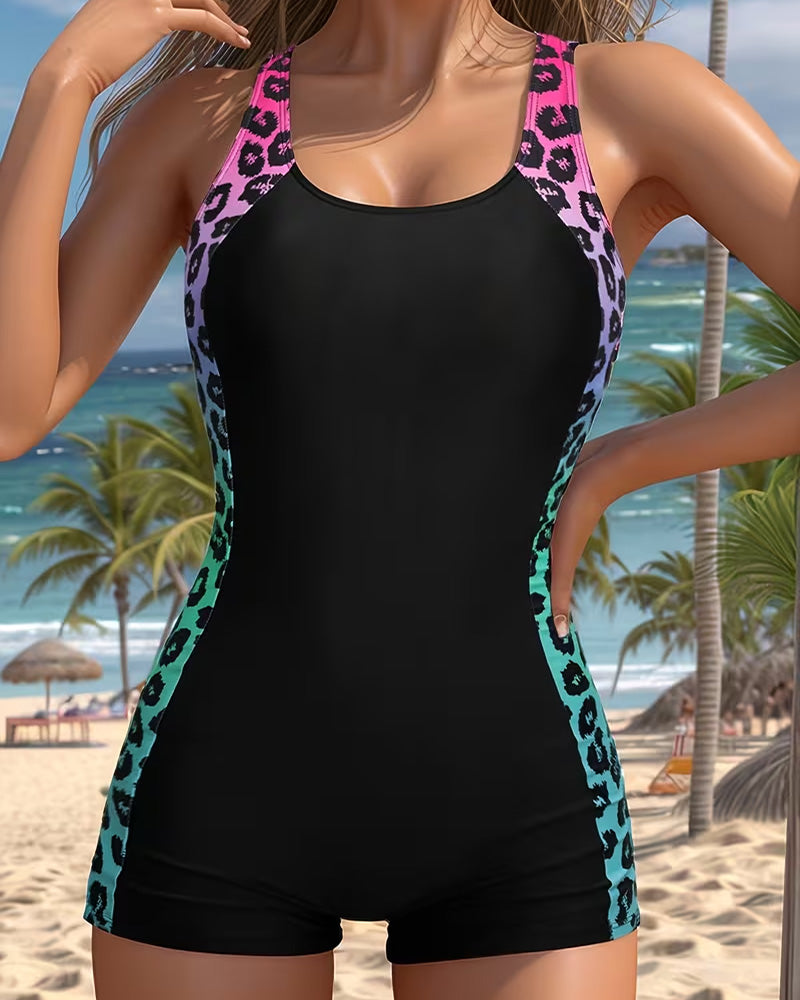 Leopard Print Patchwork One-Piece Swimsuit