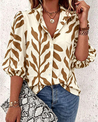 Stand Collar Leaf Print Blouse