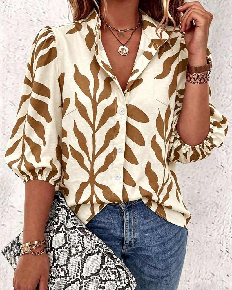 Stand Collar Leaf Print Blouse