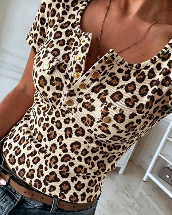 Henley Neck Leopard Print Short Sleeve Blouse