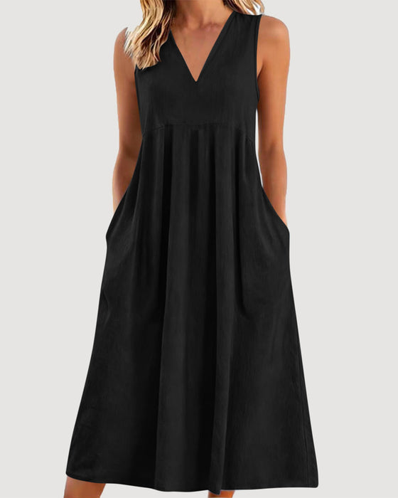 Solid Color V-Neck Sleeveless Dress