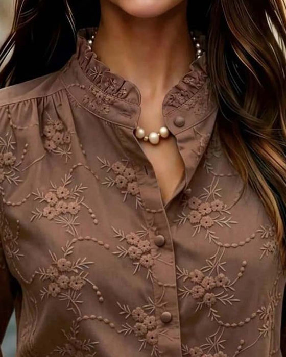 Bubble Sleeve Mandarin Collar Blouse
