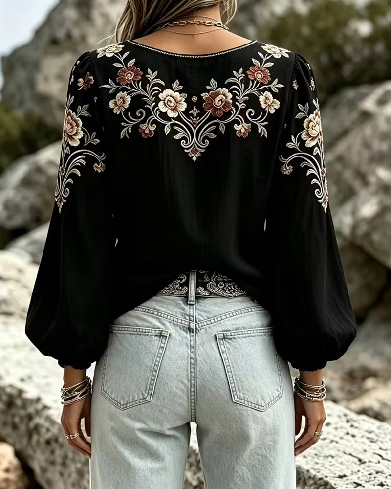 V-Neck Floral Casual Blouse