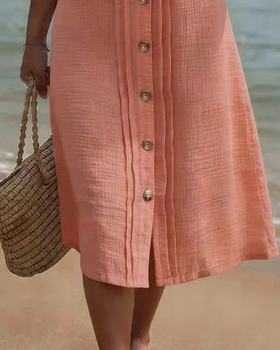 Pleated V-Neck Button Lace Patchwork Dress