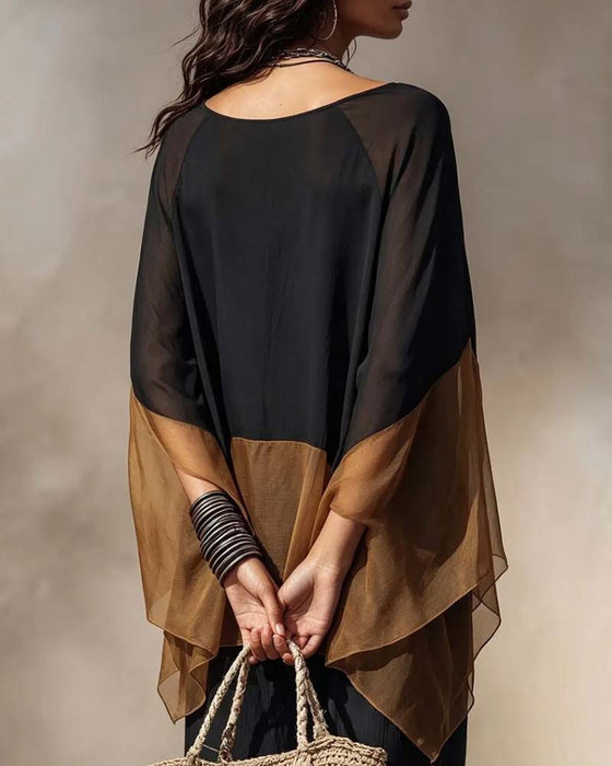 Contrast Panel Draped V-Neck Blouse