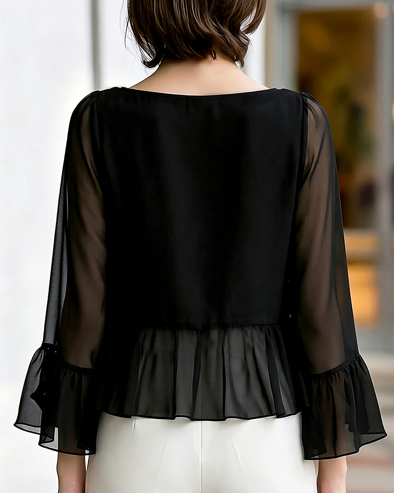 Boat Neck See-Through Ruffle Top